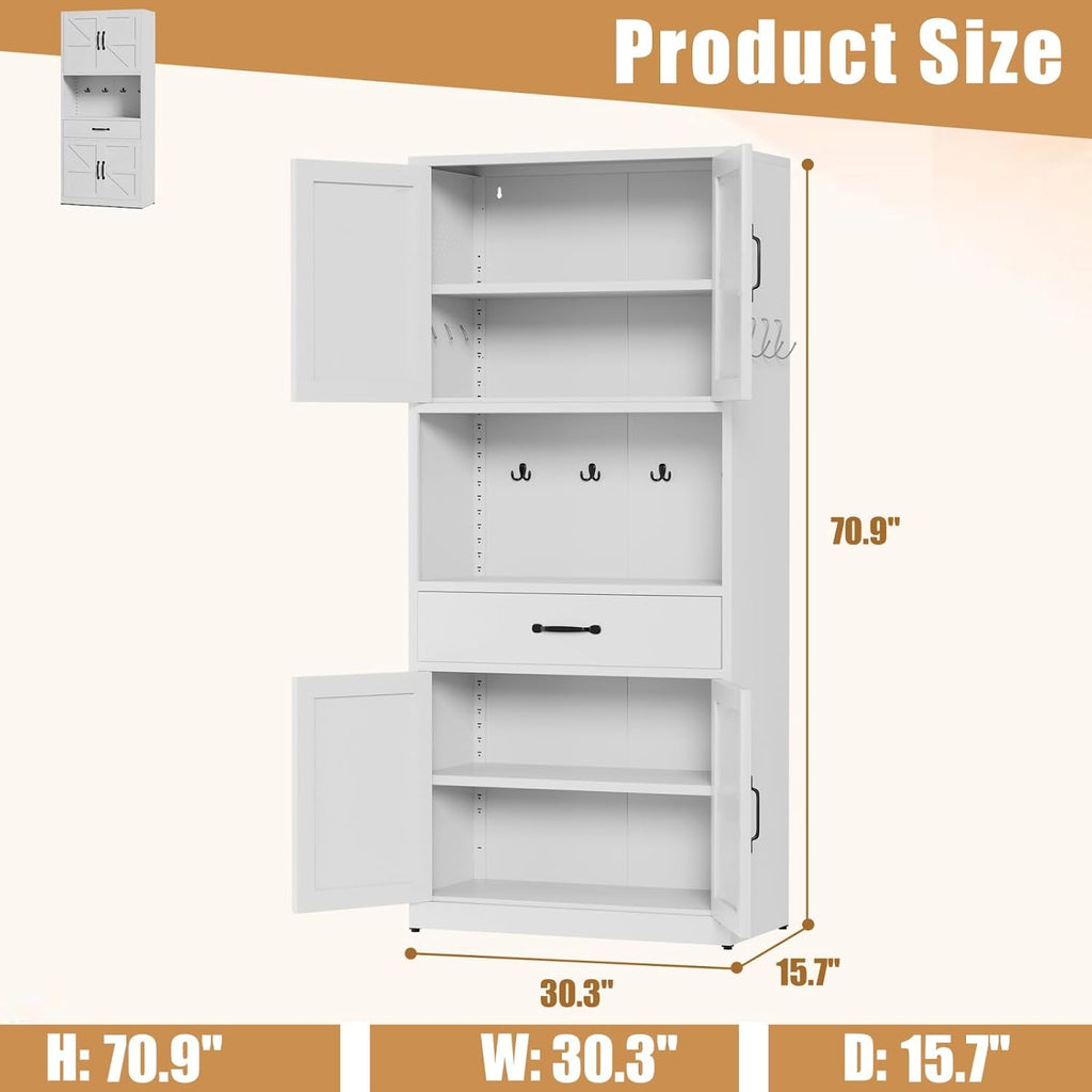 White Steel Kitchen Pantry Storage Cabinet with Large Countertop, Adjustable Shelves, Drawers & Hooks, Heavy-Duty White Cabinet for Kitchen Living Room Bathroom, 30.3x15.7x70.9 Inches