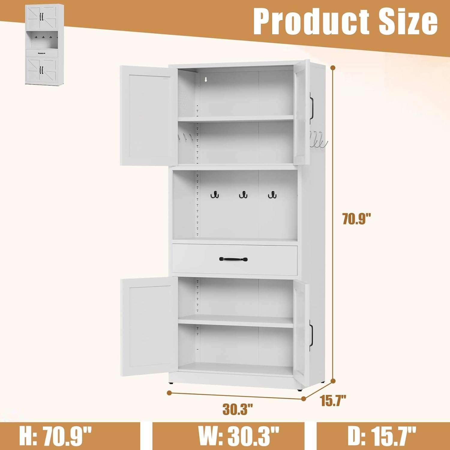 White Steel Kitchen Pantry Storage Cabinet with Large Countertop, Adjustable Shelves, Drawers & Hooks, Heavy-Duty White Cabinet for Kitchen Living Room Bathroom, 30.3x15.7x70.9 Inches