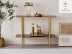 LumFurn Glass Console Table for Living Room, Foyer & Entrance, 2-Tiers Mid-Century Modern Sofa Table with Amber Glass Top, Walnut Finish Wood Shelf and Gold Finish Frame