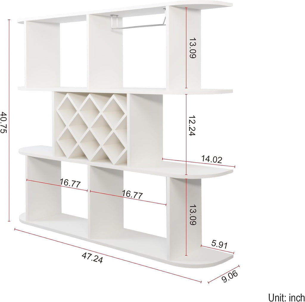 Large Wall Mounted 3 Tier Rustic Bottle Wine Rack - Multifunctional Wooden Wine Rack with Glass Holder for Home Bar & Dining Room Décor,White