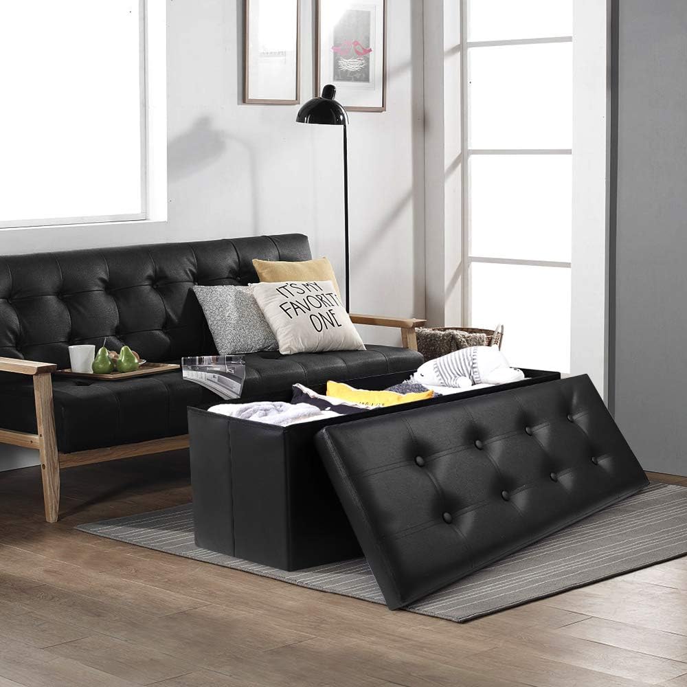 Camabel 43 Inch Folding Storage Ottoman Bench 125L Hold up 700lbs Ottoman with Storage Chest Foam Seat Padded Foot Rest Stool Faux Leather Bedroom Bench with Storage Coffee Table Black