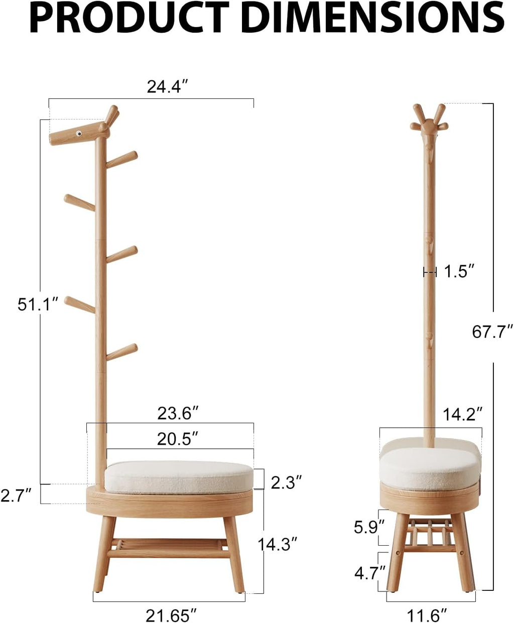 AQIMUELE Entryway Shoe Rack with Coat Rack, Wooden Shoe Bench with Upholstered Cushion, 3-in-1, 2-Tier Shoe Storage and Cute Animal Hooks for Entryway, Hallway, Closet (Natural 24.4")