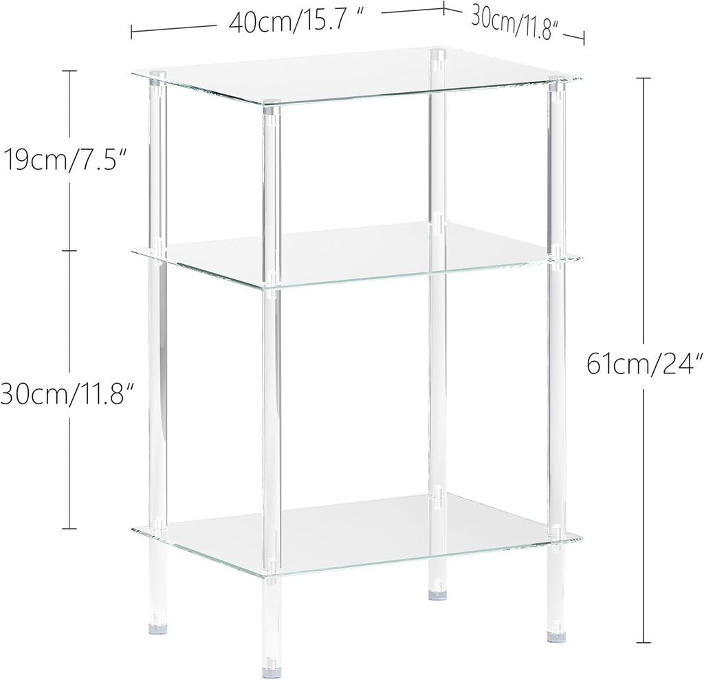 Tempered Glass Side Table, Acrylic End Table, 3-Tier Transparent Nightstand, Clear Coffee Table, for Small Spaces Living Room Bedroom Balcony Transparent LET519TR