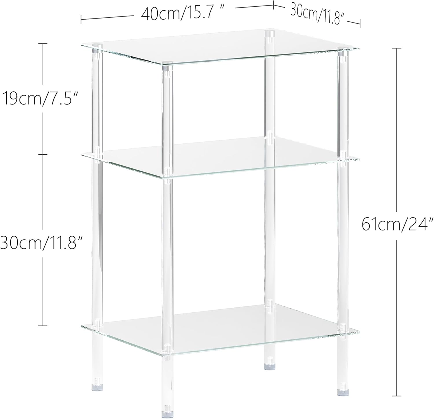 Tempered Glass Side Table, Acrylic End Table, 3-Tier Transparent Nightstand, Clear Coffee Table, for Small Spaces Living Room Bedroom Balcony Transparent LET519TR