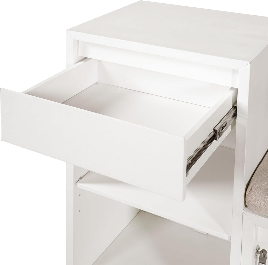 Entryway Bench with Shoe Storage, Solid Wood Shoe Bench with Cushion and Drawers, Open Shelves, Storage Bench for Entry Way, Living Room, Hallway, White