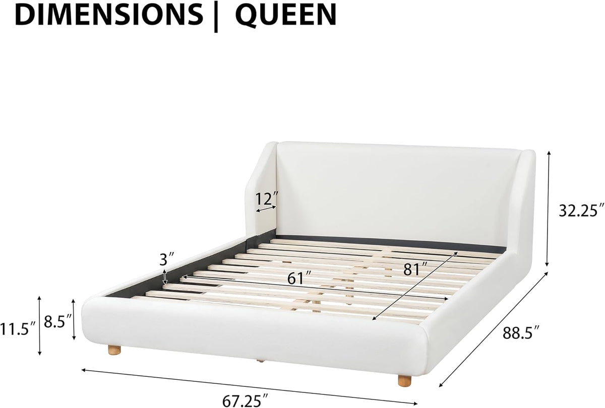 Christopher Knight Home Astry Boucle Upholstered Queen Size Bed Frame with Wingback Headboard, Modern Queen Bed Frame and Headboard, Wooden Slats Support, Easy Assembly, No Box Spring Needed, White