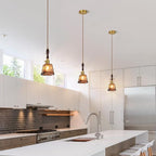 Amber Glass Vintage Pendant Light Height Adjustable Handmade Glass Pendant Lights Kitchen Island Gold Hanging Light Fixture with Wood Handle for Bedroom Dining Room Hotel (1 Pack)