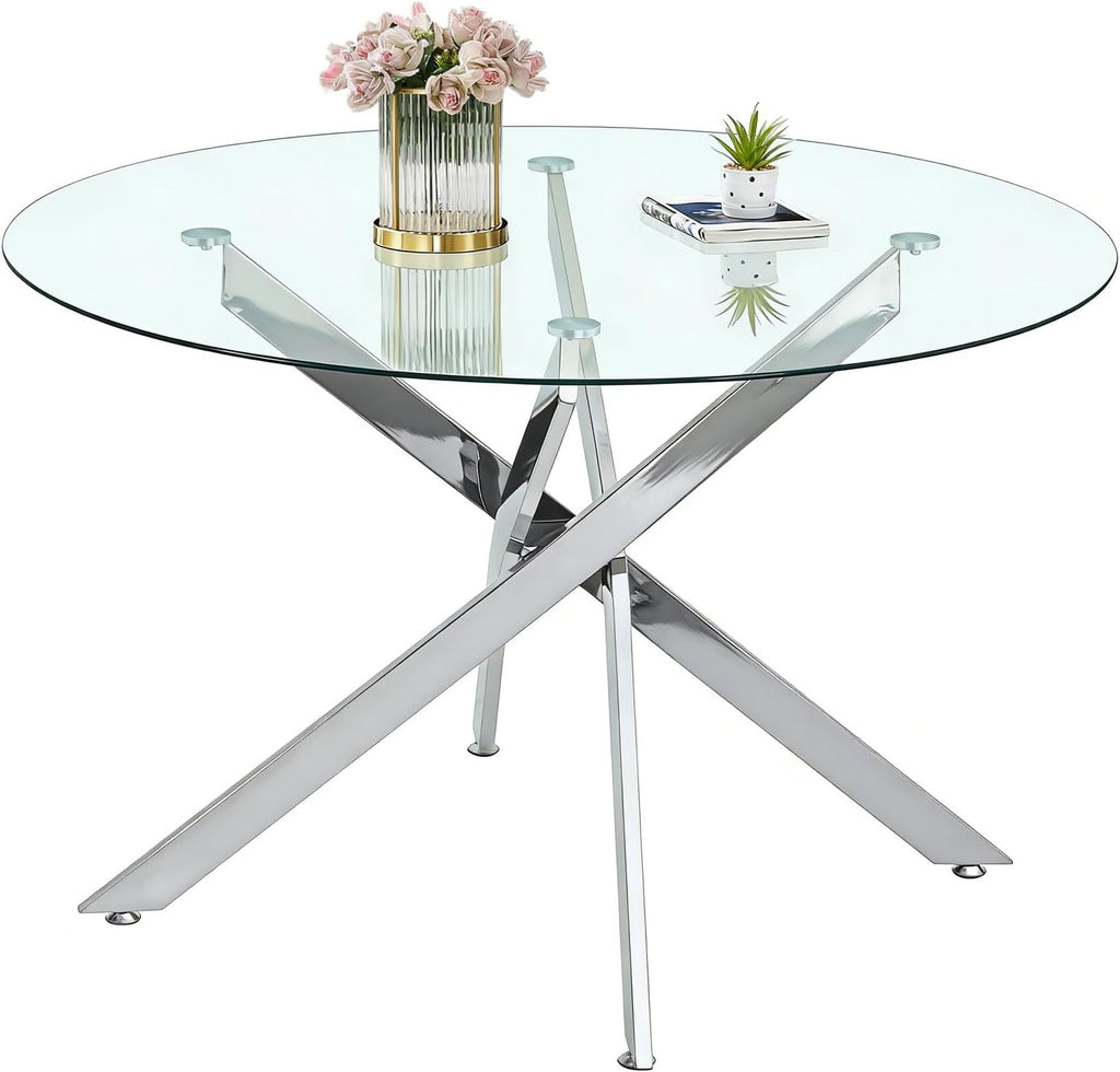 Modern Dining Table for 4-6 People, 47" Round Dining Table with Silver Chrome Metal X-Base, Circle Tempered Glass Dining Room Table, Small Kitchen Dining Room Tables Dinner Tables