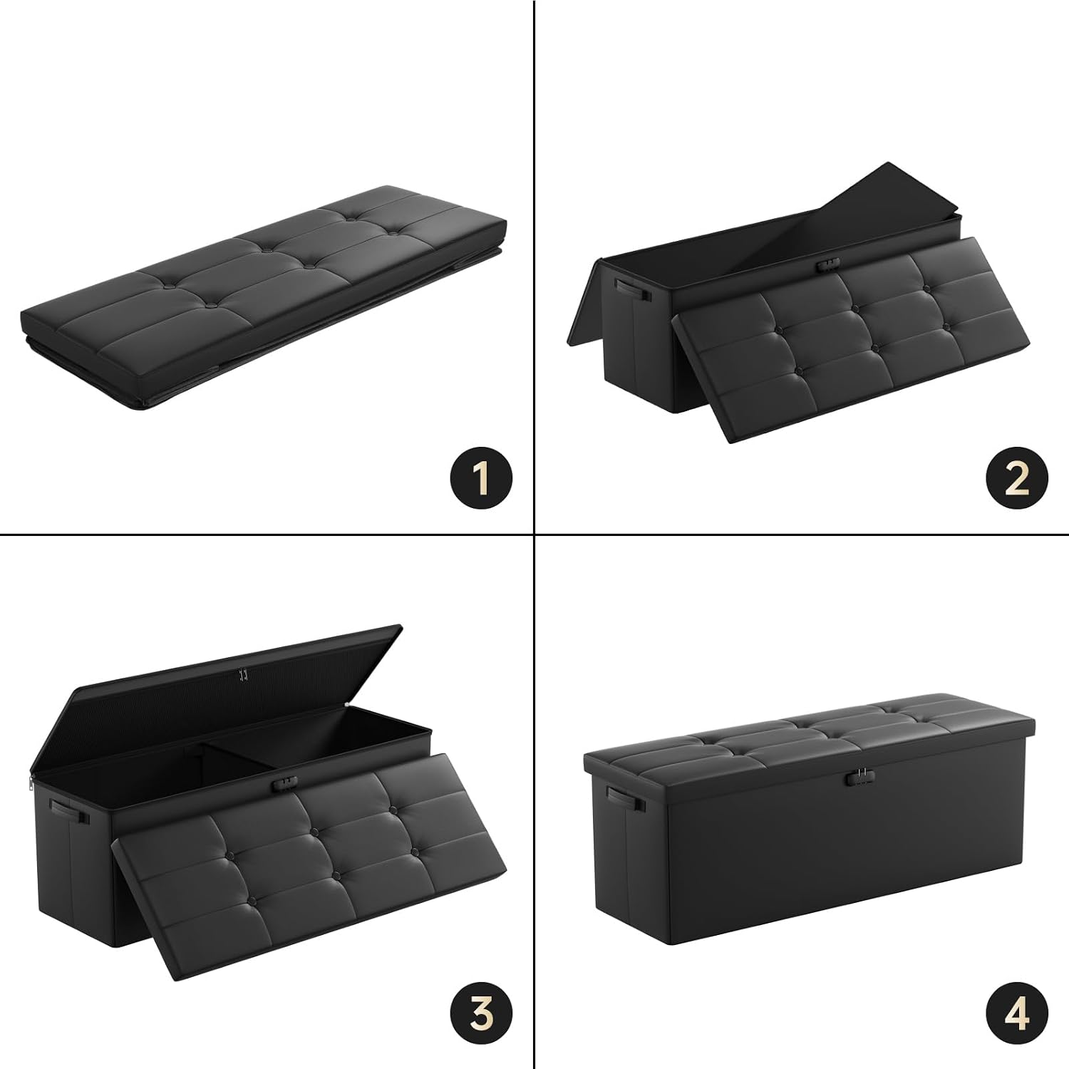 DocSafe Storage Ottoman Bench,Fireproof＆Waterproof Folding Bench with Lock(15”x 43”x15”),Leather Storage Chest with Handles＆2 Extra Boxes,Ottoman Safe for Bedroom,Living Room,Home Office,Black