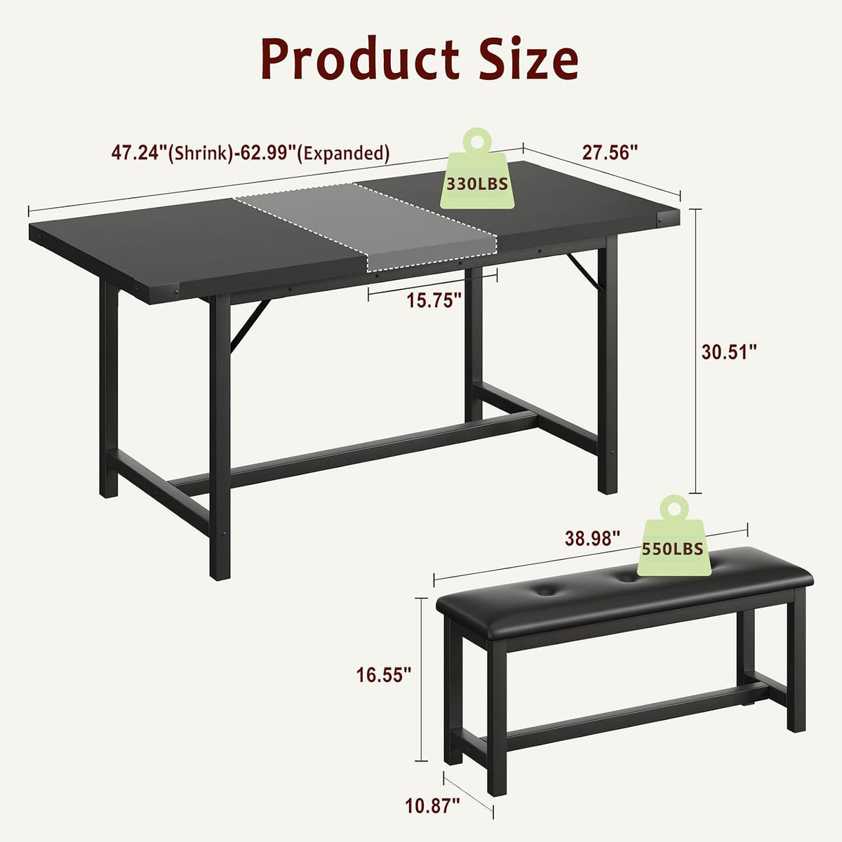 IDEALHOUSE 3 Piece Dining Table Set for 4-6, 63" Extendable Thick Metal Frame Kitchen Table with 2 Upholstered Benches Set for 6, Rectangle Wooden Dinette Table Set for Dining, Apartment, Retro Black