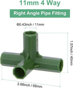 4 Pcs 11mm Greenhouse Frame Building Connectors, 4 Way Right Angle Pipe Fitting for Grape Trellis/Sunscreen Shed/Gardening Plant Stakes, Greenhouse Accessories [Green]