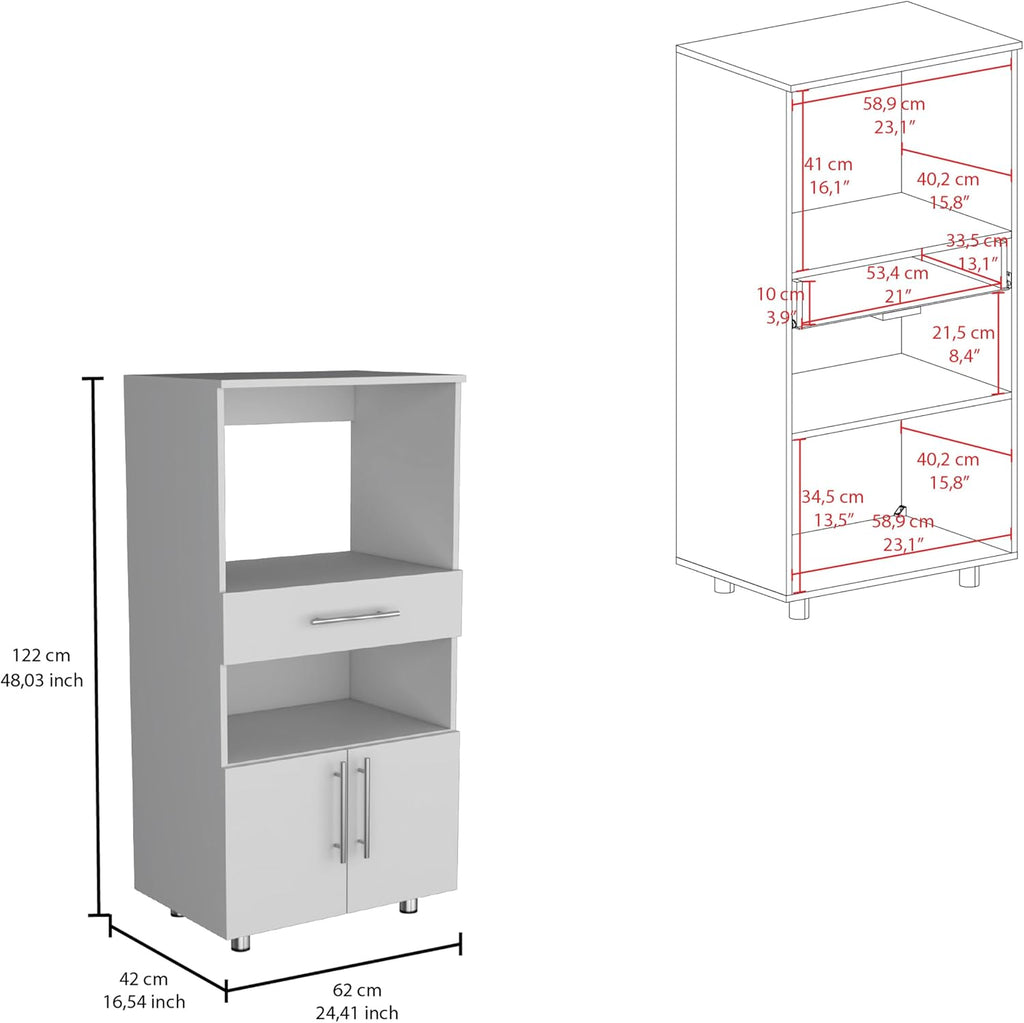 Pantry Cabinet with Microwave Stand, Multi-Functional Design Featuring a Drawer and Two Doors, for Kitchen Organization and Storage Solutions