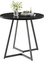 VECELO Round Dining Room Table with Wood Grain Tabletop and Steel Frame, for Kitchen, Living Room, Office, Conference, 2 to 4 Person, Black