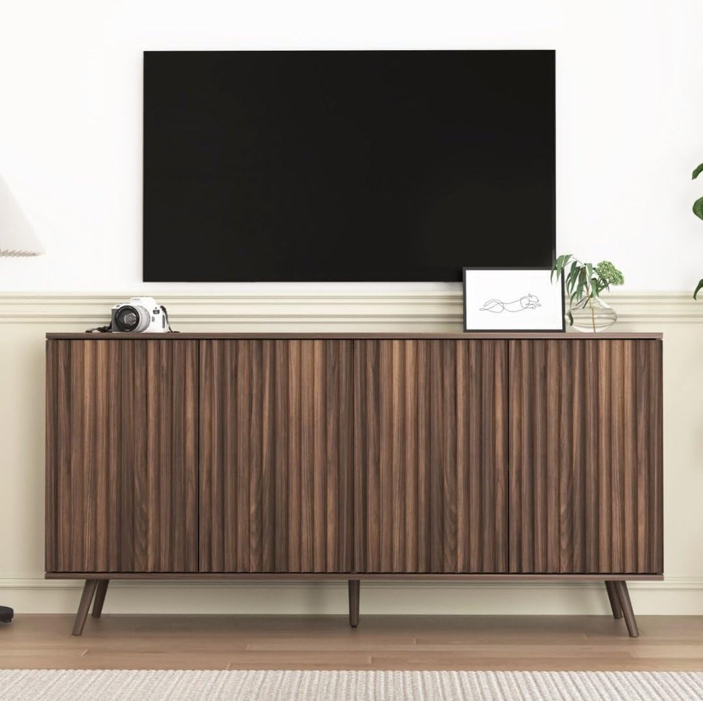 59" Buffet Cabinet with Storage, Modern Kitchen Buffet Sideboard with 4 Doors, Wood Coffee Bar with Adjustable Shelves, Kitchen Storage Cabinet with Adjustable Legs for Living Room (Walnut)