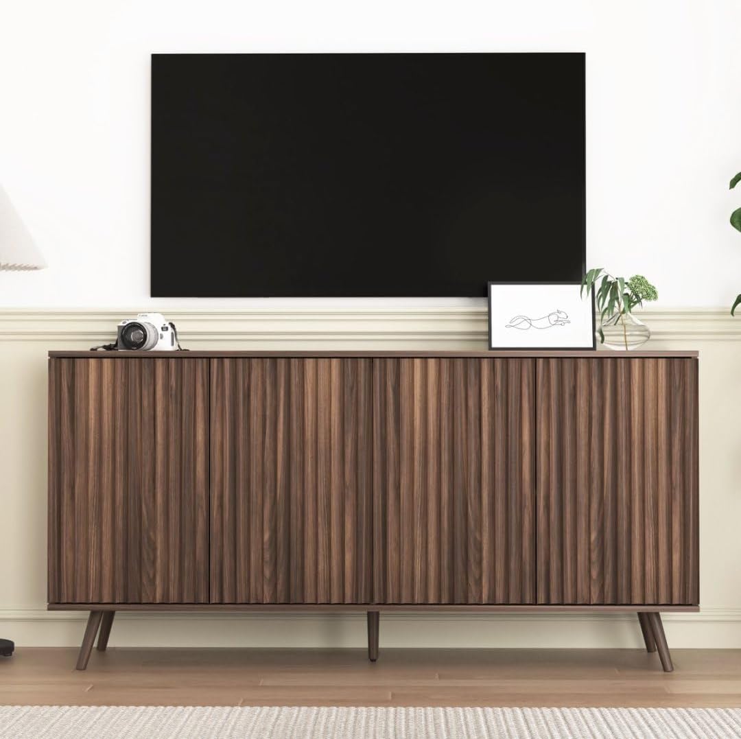 59" Buffet Cabinet with Storage, Modern Kitchen Buffet Sideboard with 4 Doors, Wood Coffee Bar with Adjustable Shelves, Kitchen Storage Cabinet with Adjustable Legs for Living Room (Walnut)