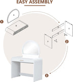 39" Vanity with Round Lighted Mirror & Touch Screen, Led Smart Mirror with 3 Color Lighting, Vintage Makeup Vanity with Drawer & Removable Top Dual-Purpose Desk for Bedroom, White