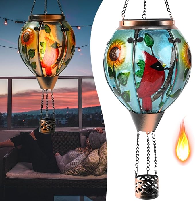Hot Air Balloon Solar Lantern - Large Cardinal Bird Glass Lantern, Simulated Flickering & Dancing Flame, Big Outdoor Hanging Sunflower Yard Light Waterproof IP65 for Patio Lawn Porch Decor Gift