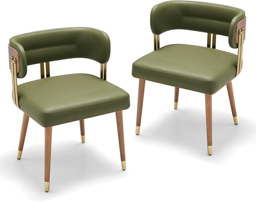 ARTPLAN Walnut Leather Dining Chairs Set of 2 - Modern Kitchen Chairs with High-Resilience Foam Cushion and Stainless Steel Frame for Dining Room, Easy Assembly,Advocado Green