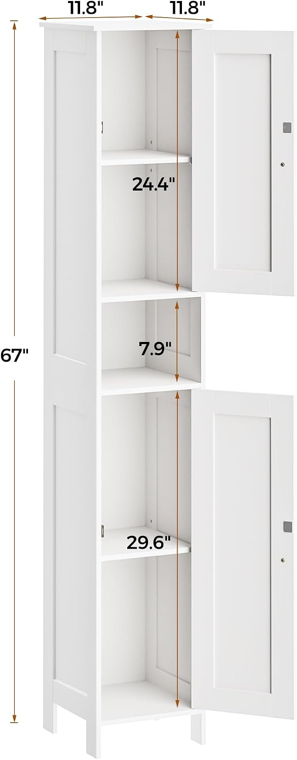 Homleke Tall Bathroom Storage Cabinet with 2 Doors, Slim Bathroom Cabinet | Narrow Storage Cabinet with Adjustable Shelves, Anti-Tip Design, Reversible Door, Easy Assembly, White, 11.8''W