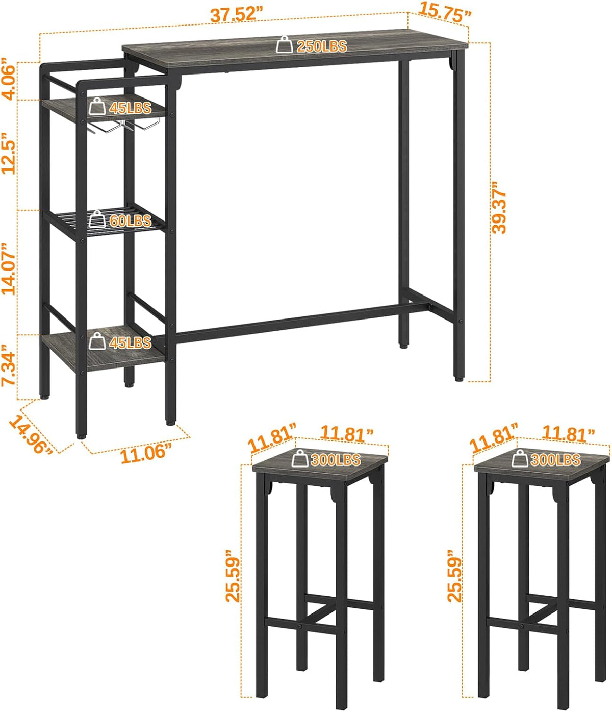 Weehom Bar Table and Chairs Set for Small Kitchens and Apartments - Space-Saving Dining Table Set for 2, 3 Storage Shelves with Bulit-in Wine Rack, Dining Room Breakfast Nook Table Set, Gray