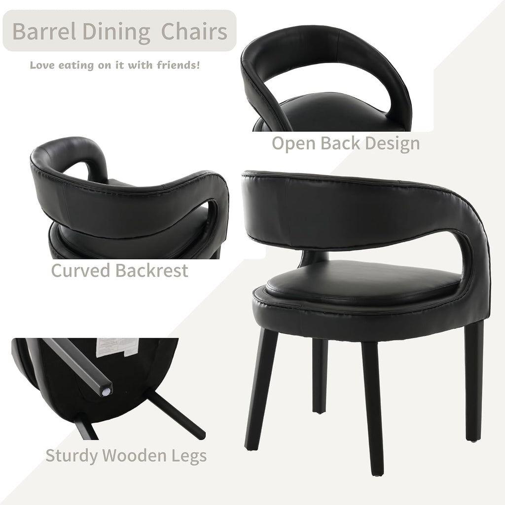 Shunzhi Black PU Leather Dining Chairs Set of 4, Modern Upholstered Dining Room Chairs, Barrel Kitchen Chairs with Arms/Open Back, Comfy Accent Side Chairs for Bedroom/Living Room
