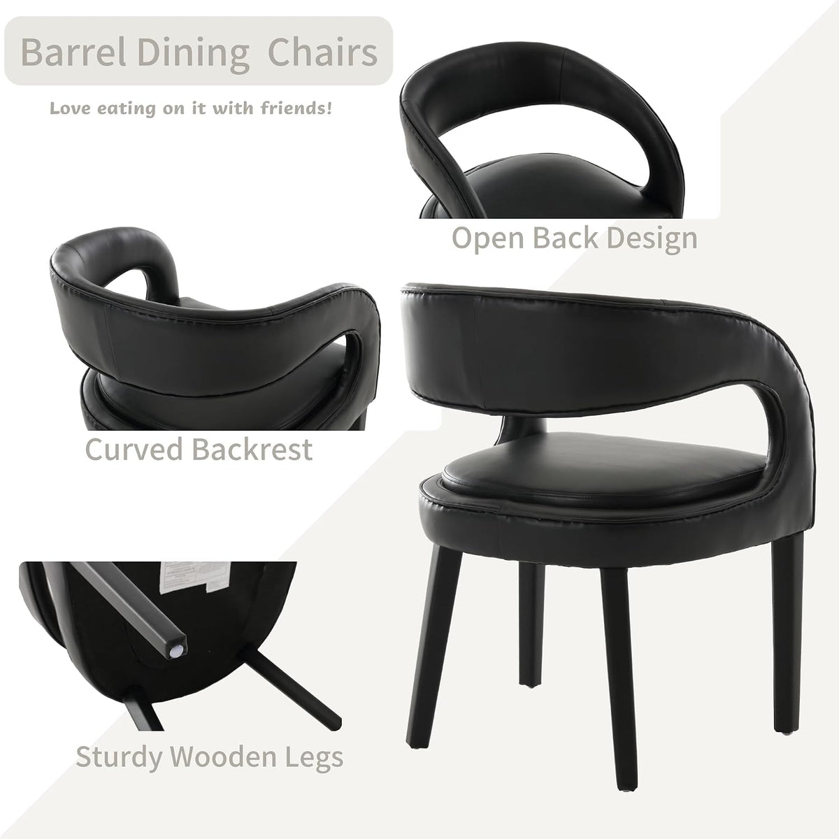 Shunzhi Black PU Leather Dining Chairs Set of 4, Modern Upholstered Dining Room Chairs, Barrel Kitchen Chairs with Arms/Open Back, Comfy Accent Side Chairs for Bedroom/Living Room
