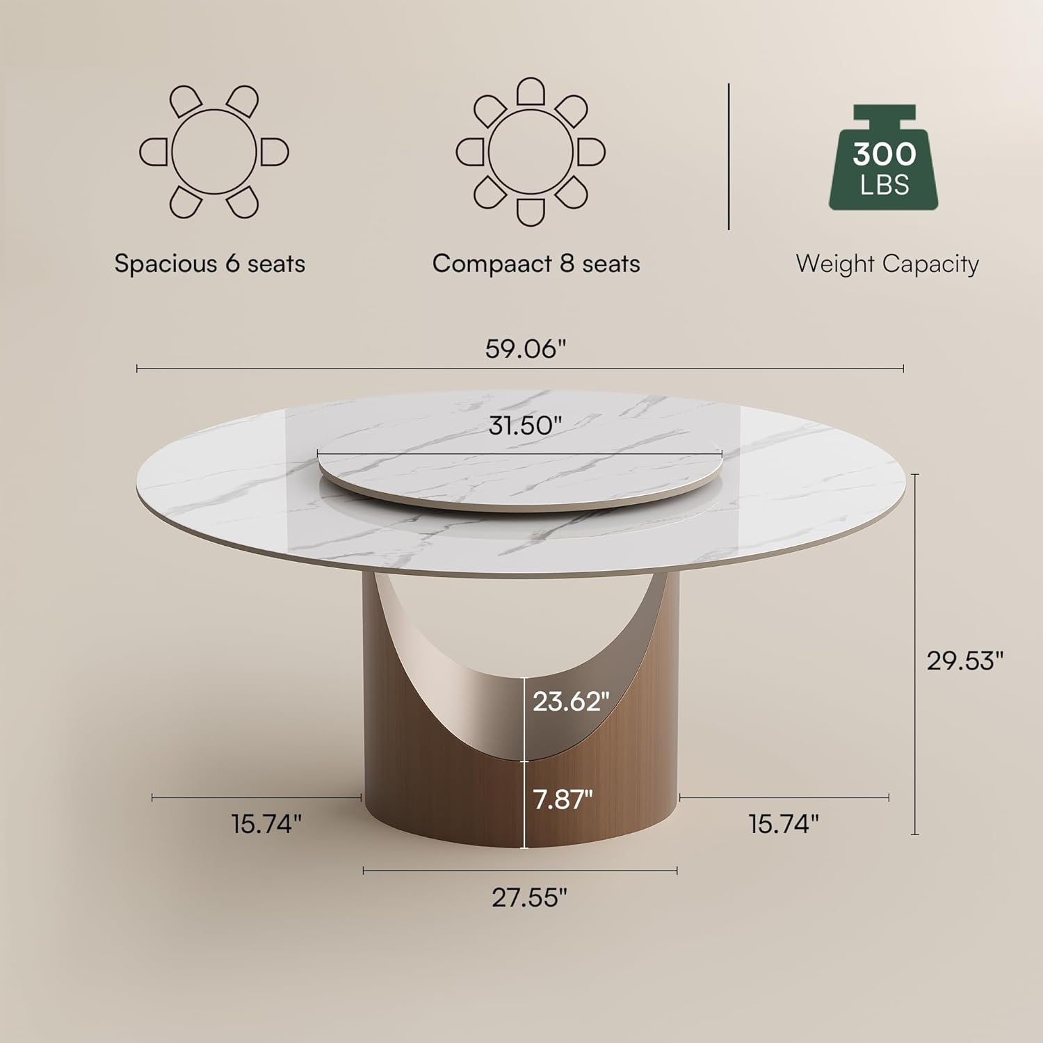 POVISON 59" Round Dining Table for 6 with Lazy Susan, Glossy White Sintered Stone Dining Tabletop with 31" Lazy Susan, Bronze Carbon Steel Pedestal, Modern Dining Table for Living Room (Table Only)
