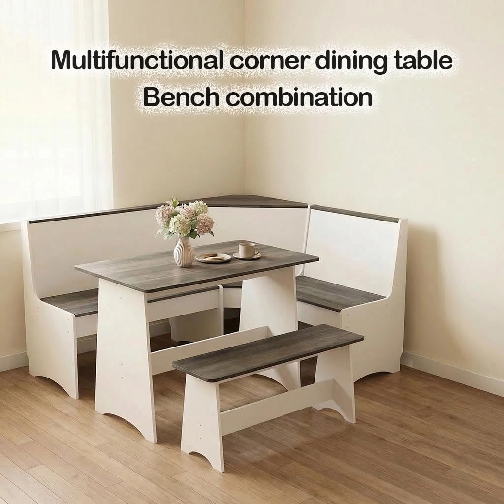 Farmhouse Breakfast Nook Table Set, Dining Nook Set with Corner Bench,with Storage Function Mid Century Modern Small Dining Table Set, Kitchen Table Corner Set (Gray + White)