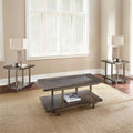Pemberly Row Contemporary 3-Piece Coffee Table Set, Smoky Brown Finish, Ash Veneers, Tempered Glass Tops, Satin Brass Panels, Bottom Shelf Storage, Rustic Industrial Style Living Room Furniture