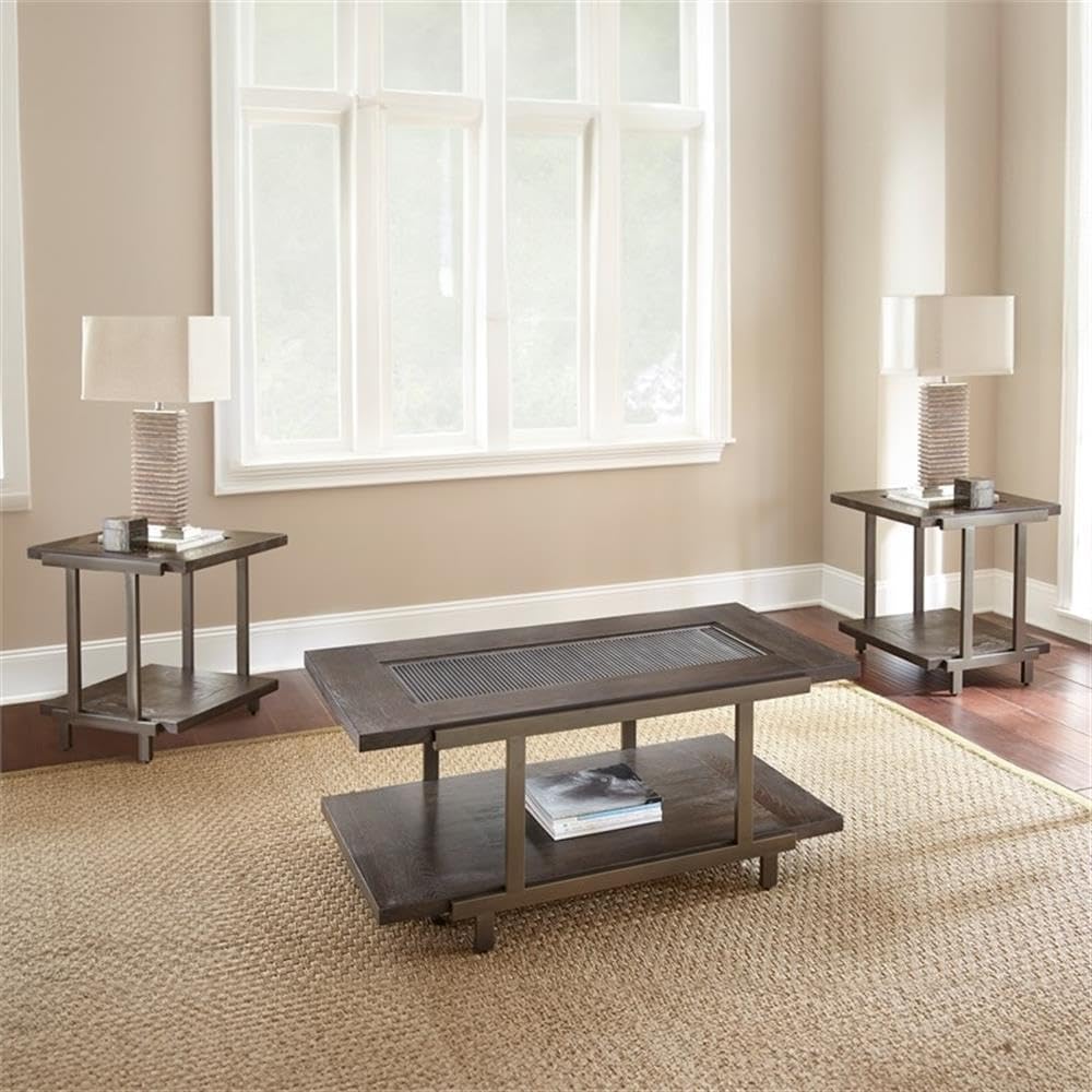 Pemberly Row Contemporary 3-Piece Coffee Table Set, Smoky Brown Finish, Ash Veneers, Tempered Glass Tops, Satin Brass Panels, Bottom Shelf Storage, Rustic Industrial Style Living Room Furniture