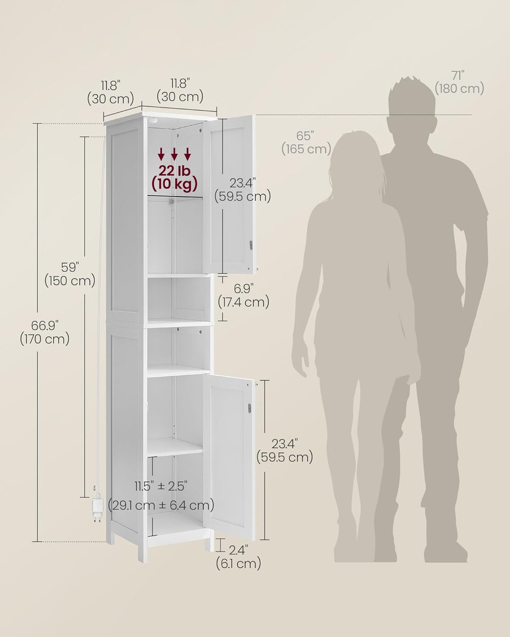 VASAGLE Tall Storage Cabinet with Lights, Slim Freestanding Cabinet with Adjustable Shelves, for Small Spaces, Bathroom, Living Room, Modern, 11.8 Inches Wide, Cloud White UBBC566W02V1