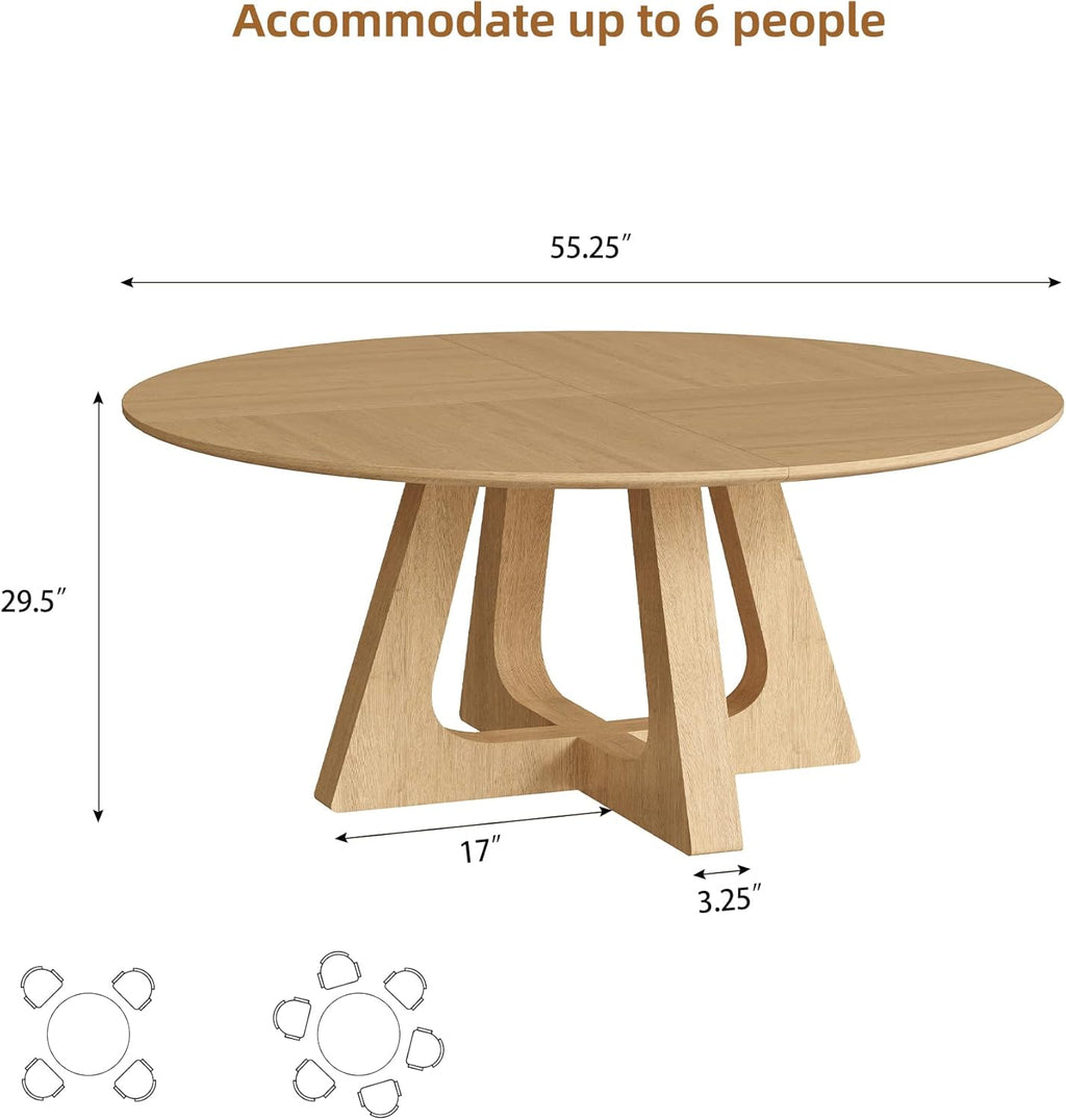 55.25" Round Dining Table for 4-6 People, Farmhouse Circle Kitchen Table with Geometric Base, Wooden Dinner Table for Dining Room Kitchen Living Room, Natural Oak
