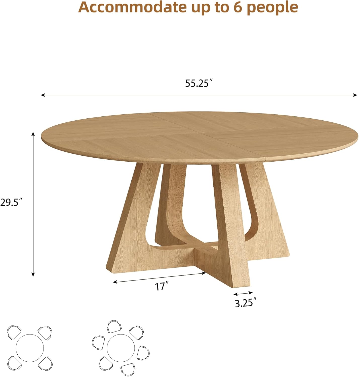 55.25" Round Dining Table for 4-6 People, Farmhouse Circle Kitchen Table with Geometric Base, Wooden Dinner Table for Dining Room Kitchen Living Room, Natural Oak