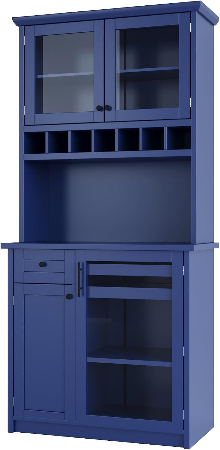 Freestanding Kitchen Pantry with Drawer, Adjustable Shelves & Wine, Blue | Rustic blue finish, solid wood legs, adjustable shelves, wine rack holds 12 bottles, 35.4"W x 17.7"D x 74.8"H, for dining