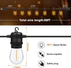 50FT LED Outdoor String Lights with 17 Shatterproof Waterproof S14 Replaceable Bulbs(2 Spare), 2700K Commercial Grade Patio Lights, Outside Hanging Light for Yard Garden Porch Deck Decor