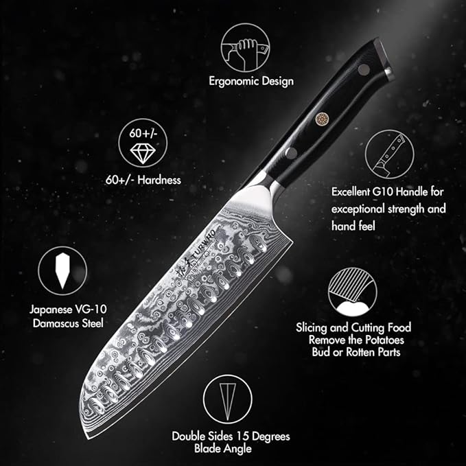 Professional Santoku Knife 7 inch - Classic Damascus pattern Japanese VG-10 Steel Chef Knife