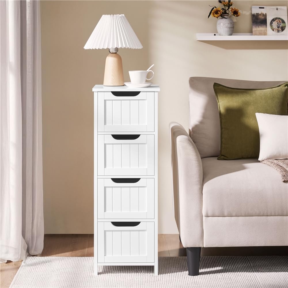 Yaheetech Bathroom Storage Cabinet, 12" W Slim 4-Drawer Design, White | Narrow Freestanding Organizer for Small Spaces, Beside Toilet or Vanity, Beadboard Tower, 32.5"H, P2 MDF, Water-resistant