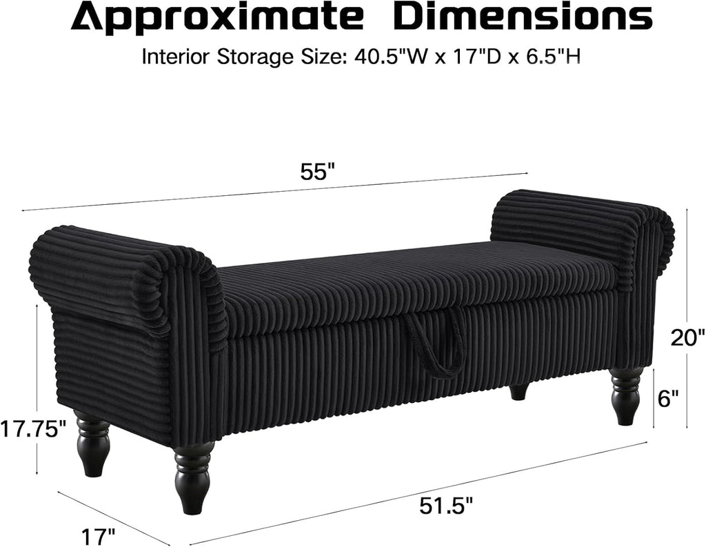 55" Storage Ottoman Bench, Corduroy End of Bed Bench for Bedroom, Black | Upholstered Entryway Bench with Seating, Solid Wood Legs, Rolled Arm, for Bedroom Living Room Window Hallway, up to 285 lbs