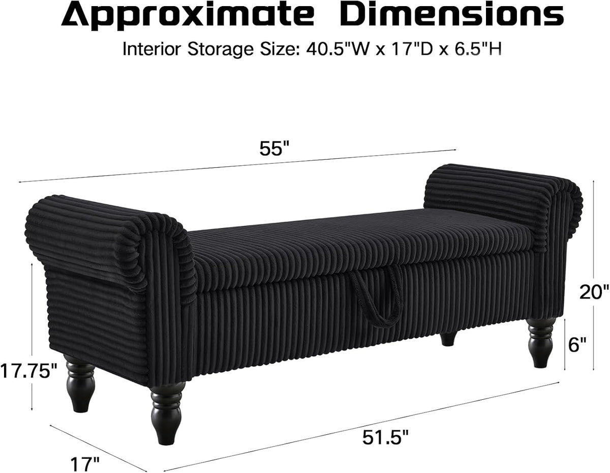 55" Storage Ottoman Bench, Corduroy End of Bed Bench for Bedroom, Black | Upholstered Entryway Bench with Seating, Solid Wood Legs, Rolled Arm, for Bedroom Living Room Window Hallway, up to 285 lbs