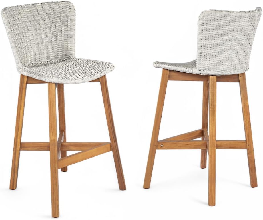 Saiveina Lymington Outdoor Bar Stool, Teak Finished Wood with Light Grey Wicker, Set of 2