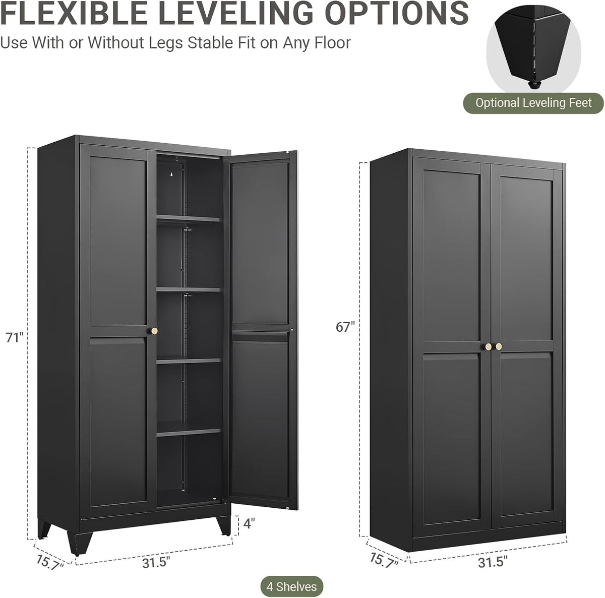 71" Metal Kitchen Storage Cabinet with Doors, Freestanding Steel Pantry Cabinet, 4 Adjustable Shelves, for Dining Room, Black