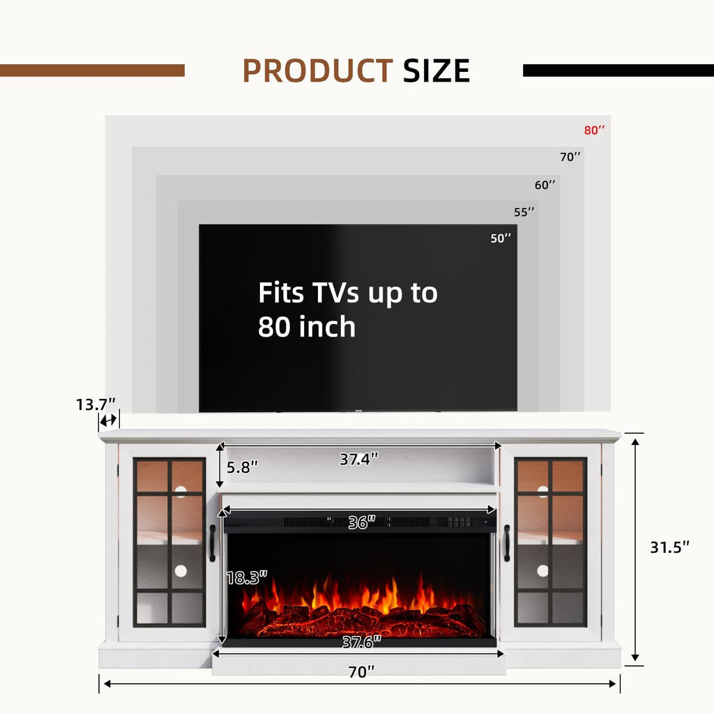 Aoxun 70 Inch TV Stand with 36 Inch Electric Fireplace, 3-Sided Glass TV Console for TVs up to 80", Rustic Media Entertainment Center with Closed Storage Doors, White