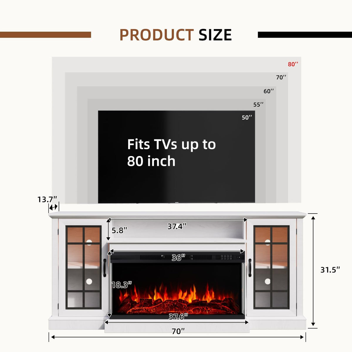 Aoxun 70 Inch TV Stand with 36 Inch Electric Fireplace, 3-Sided Glass TV Console for TVs up to 80", Rustic Media Entertainment Center with Closed Storage Doors, White