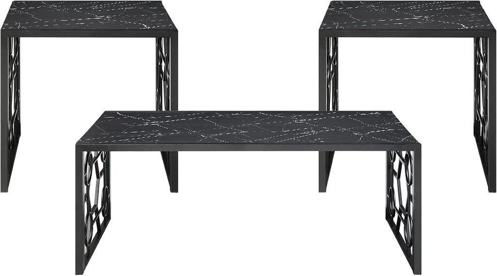 3-Piece Occasional Table Set with Marble-Print Glass Top | Includes 1 cocktail table and 2 end tables with fluted glass top