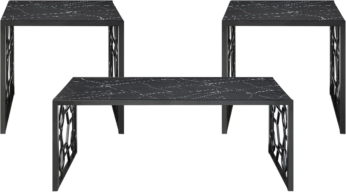 3-Piece Occasional Table Set with Marble-Print Glass Top | Includes 1 cocktail table and 2 end tables with fluted glass top