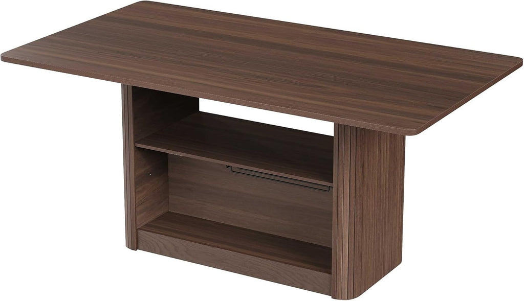 FUQARHY 63" Dining Table with Storage, Fluted Rectangular Kitchen Table for 6 with 2-Tier Storage Shelf, Farmhouse Wood Table (Walnut)