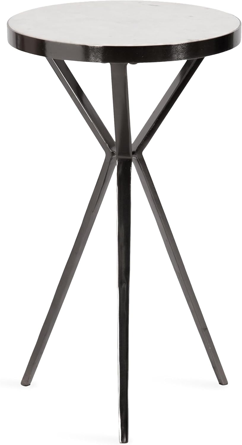 Kate and Laurel Gribben Modern Round Marble Side Table, 14 x 14 x 24, White and Gray Gunmetal, Tripod-Base Bedside Table for Display and Storage as a Bedroom Nightstand or Living Room Accent