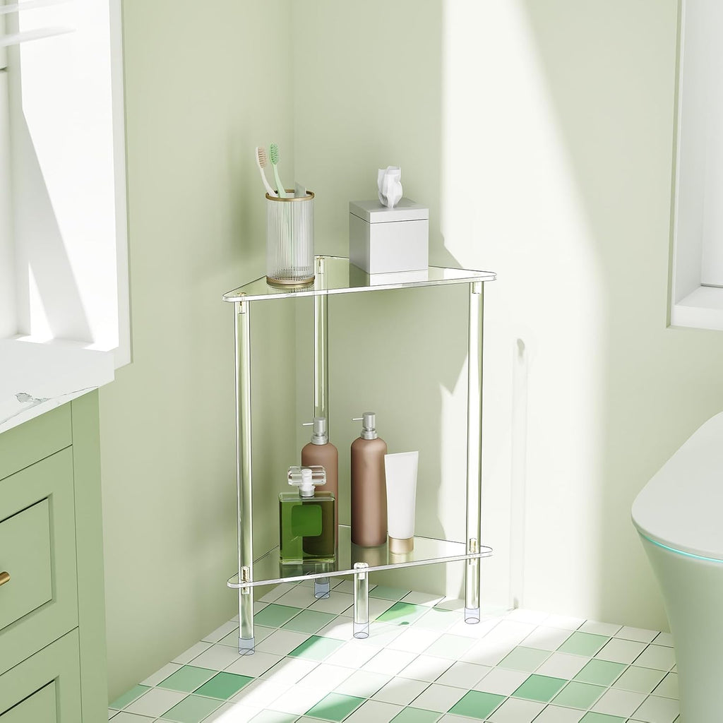 Clear Triangle Acrylic Side Table for Small Space, 11.81" L x 11.81" W x 19.82" H, 2-Tier Transparent Corner Shelf Stand End Table, Corner Storage Display Rack for Living Room Bedroom Bathroom