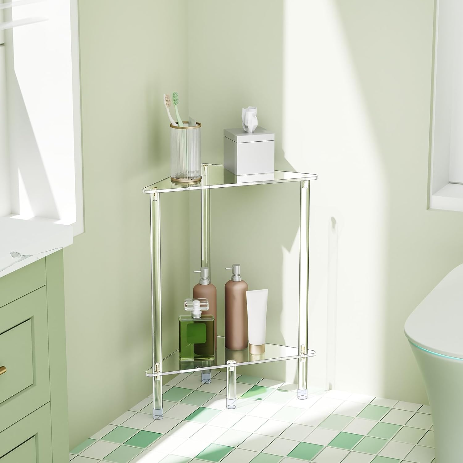 Clear Triangle Acrylic Side Table for Small Space, 11.81" L x 11.81" W x 19.82" H, 2-Tier Transparent Corner Shelf Stand End Table, Corner Storage Display Rack for Living Room Bedroom Bathroom