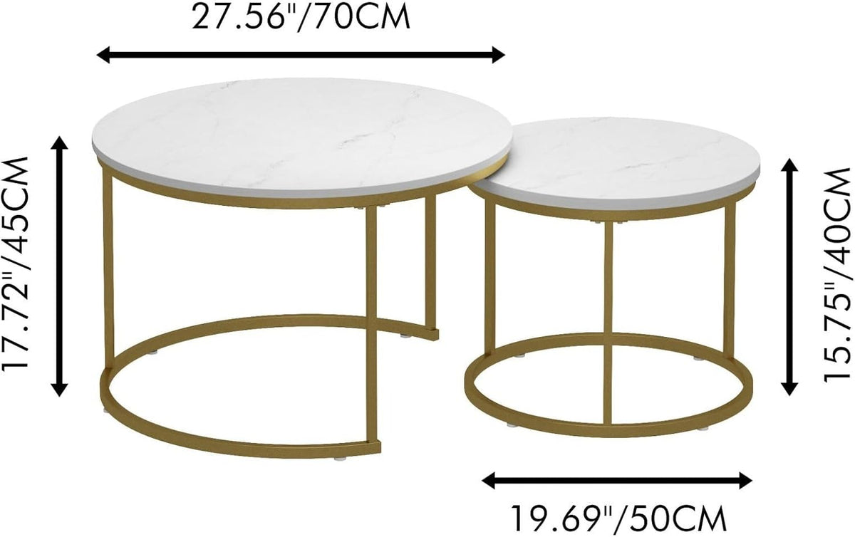 Nesting Coffee Table Set of 2, Round Tables with Marble Pattern MDF Top | Space-saving nested design, 120 LBS load capacity, luxury marble-look finish, gold metallic base, quick 10-min assembly